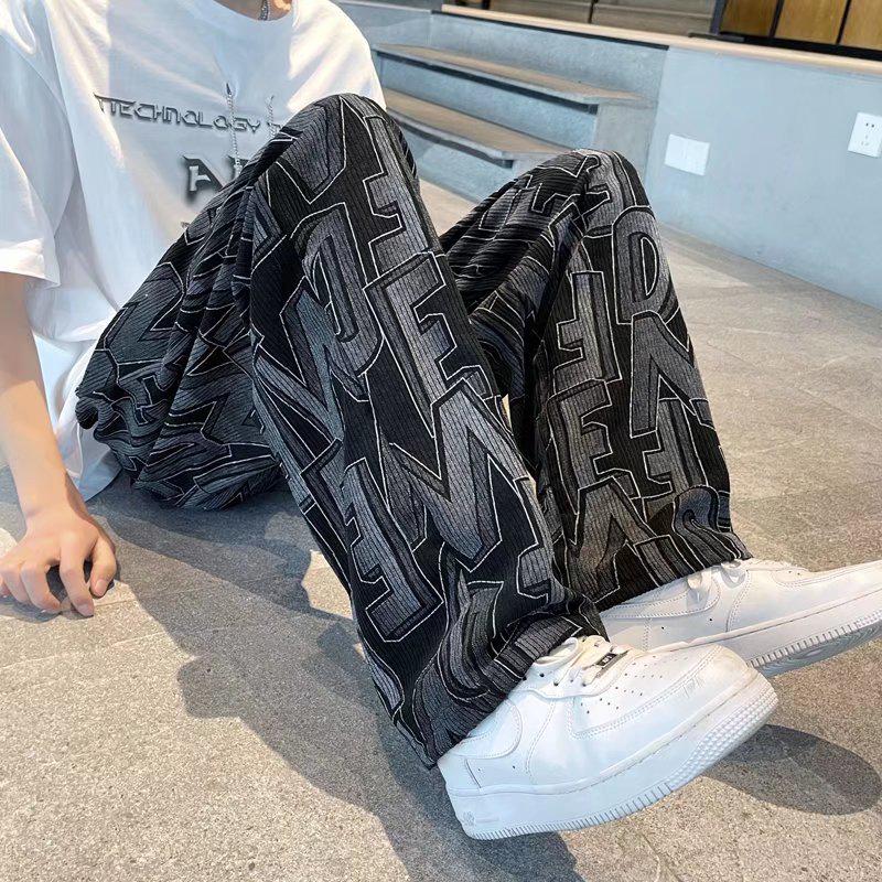 Trendy Corduroy Men's Full-Print Casual Pants: Retro Loose-Fit Straight Trousers for Spring & Autumn