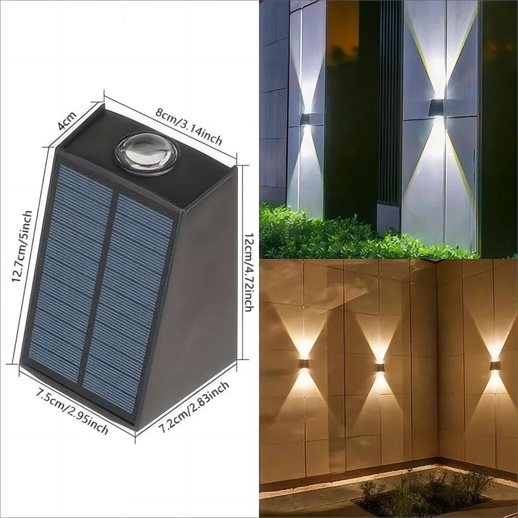 1 buc. Lampă solară de perete de exterior pentru decorare pentru grădină. Lumină de atmosferă, vilă, grădină, lampă de perete impermeabilă în sus și în jos