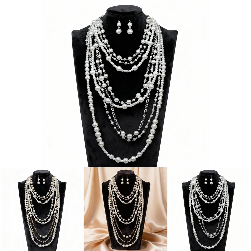 Európai Stílusú Többrétegű Gyöngynyaklánc és Fülbevaló Szett Geometriai Medállal Nőknek