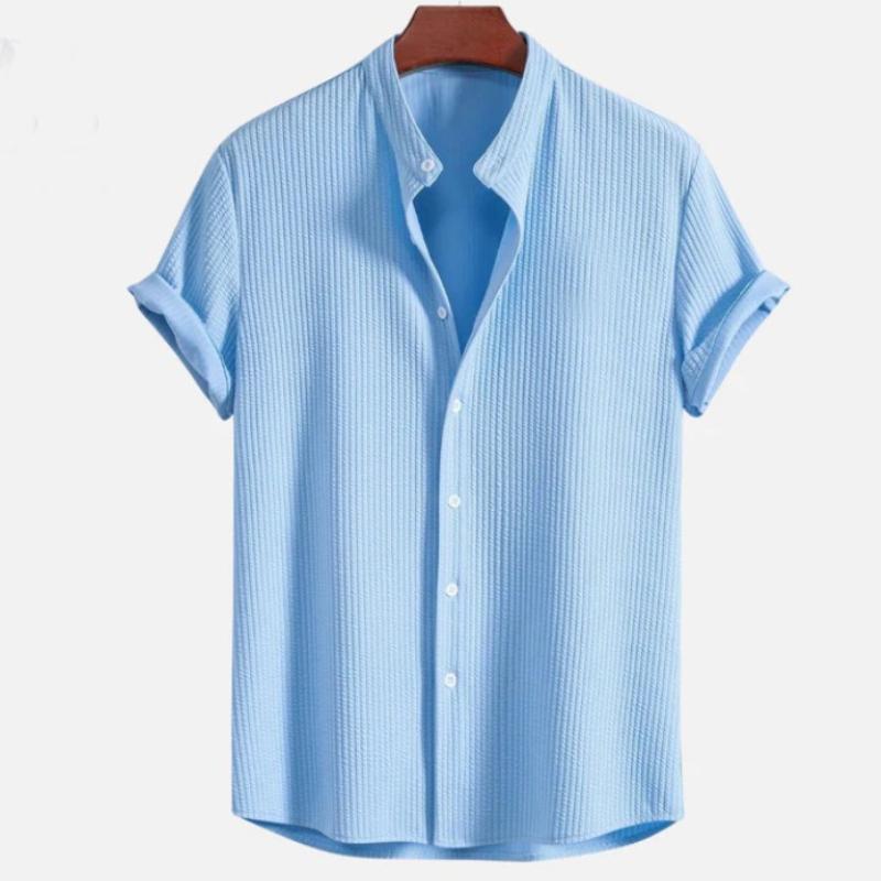 Men's Casual Short Sleeve Solid Color Button- Shirt with Stand Collar