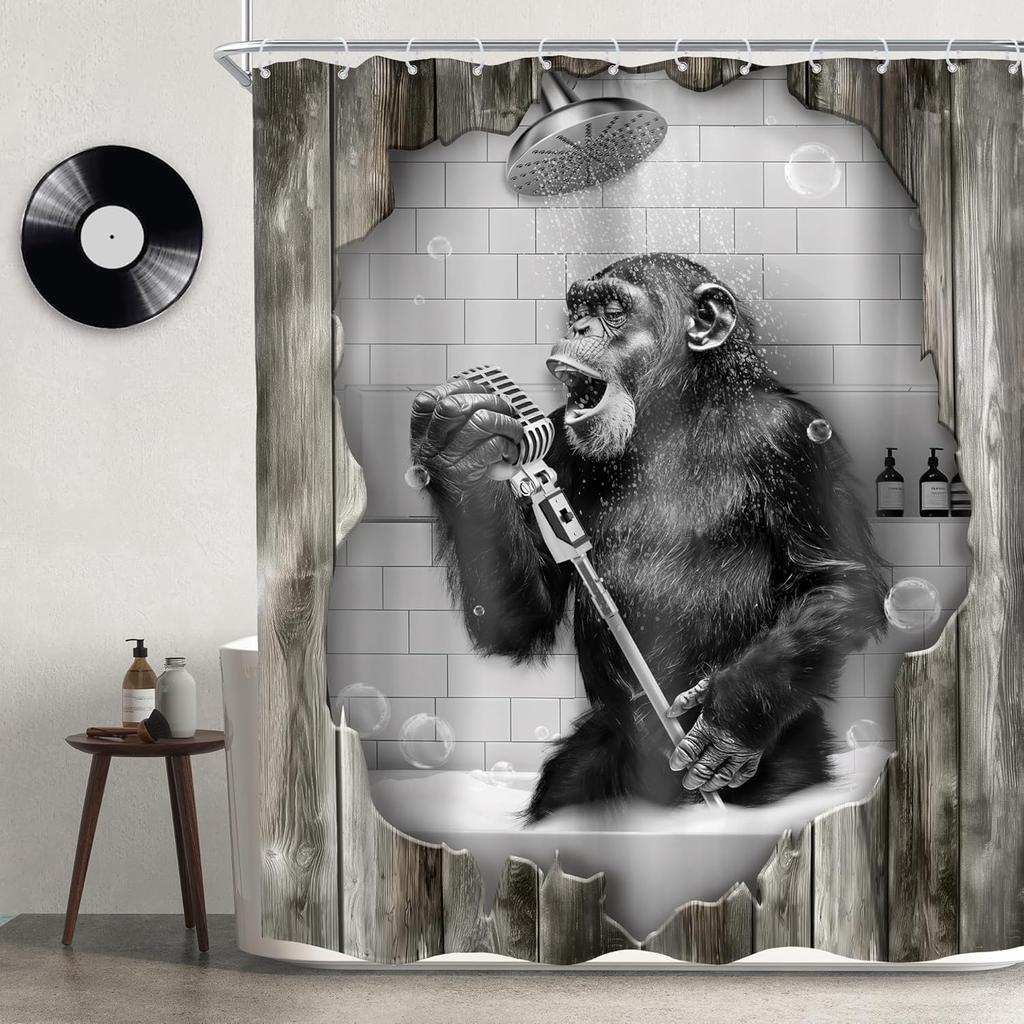 Funny Monkey Shower Curtain Meditation Zen Spirit Animal Chimpanzee Lotus Leaves Plant Bamboo Nature Bathroom Modern Waterproof