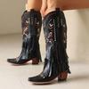Fashion Retro Tassel Embroidered Cowgirl Mid-Calf Women Western Boots Pointed Toe Chunky High Heel Cowboy Cool All-Match Shoes
