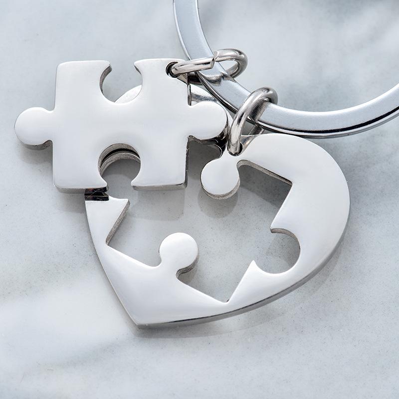 Stainless Steel Heart Puzzle Keychain: Glossy Engraved Valentine's Day Gift Pendant