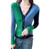 Chic Color Block V-Neck Knitted Cardigan for Women - Slim Fit, Age-Reducing, Rib Knit, Single-Breasted Top for Spring and Autumn