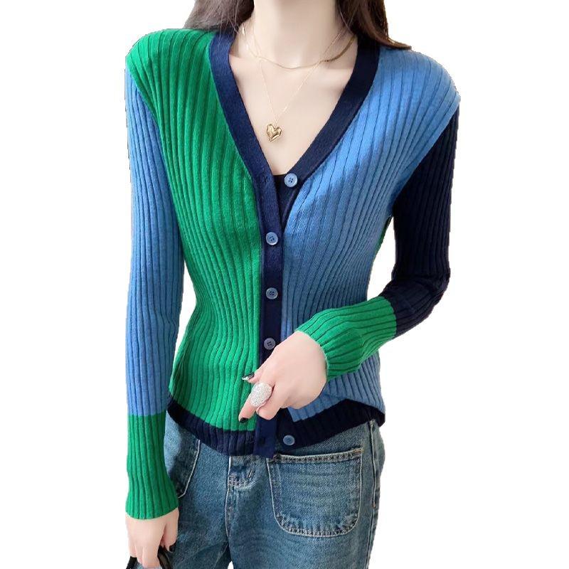 Chic Color Block V-Neck Knitted Cardigan for Women - Slim Fit, Age-Reducing, Rib Knit, Single-Breasted Top for Spring and Autumn