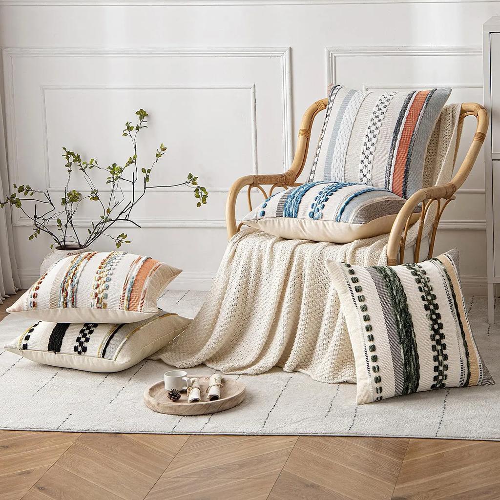 Black Boho Throw Pillow Covers 18x18 Inch Cushion Cases Multicolor Striped Chenille Pillow Covers Accent Pillowcase for Sofa