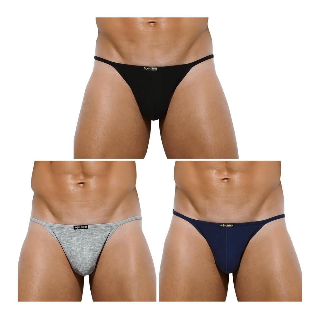Arjen Kroos Cotton 3D Front Solid AK2011 XXL Men's T-Back Briefs, Underwear, Construction, Breathable, Closure, Color, B1-3 Pack, Black/Gray/Navy,