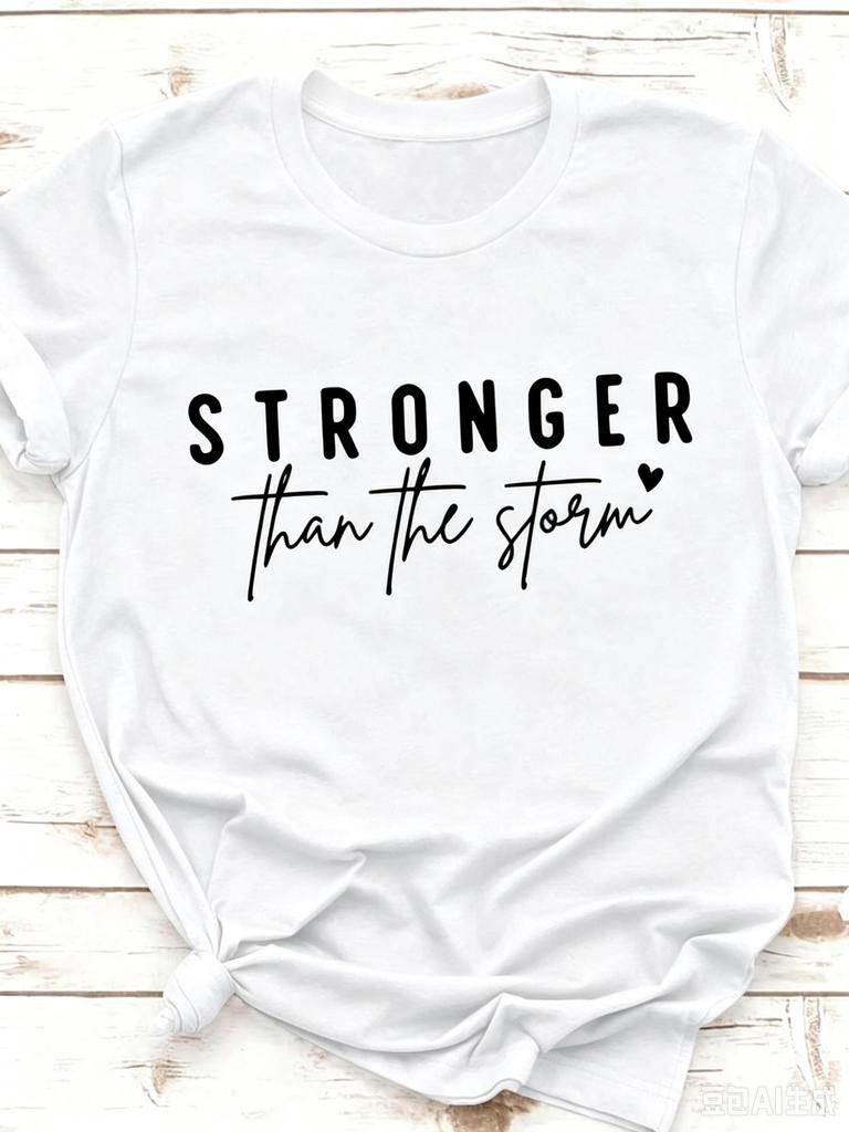 Crew Neck Short Sleeve T Shirt Stronger Than The Storm Inspirational Slogan Graphic Print Mustard Color Casual Spring Summer Daily Streetwear Tops