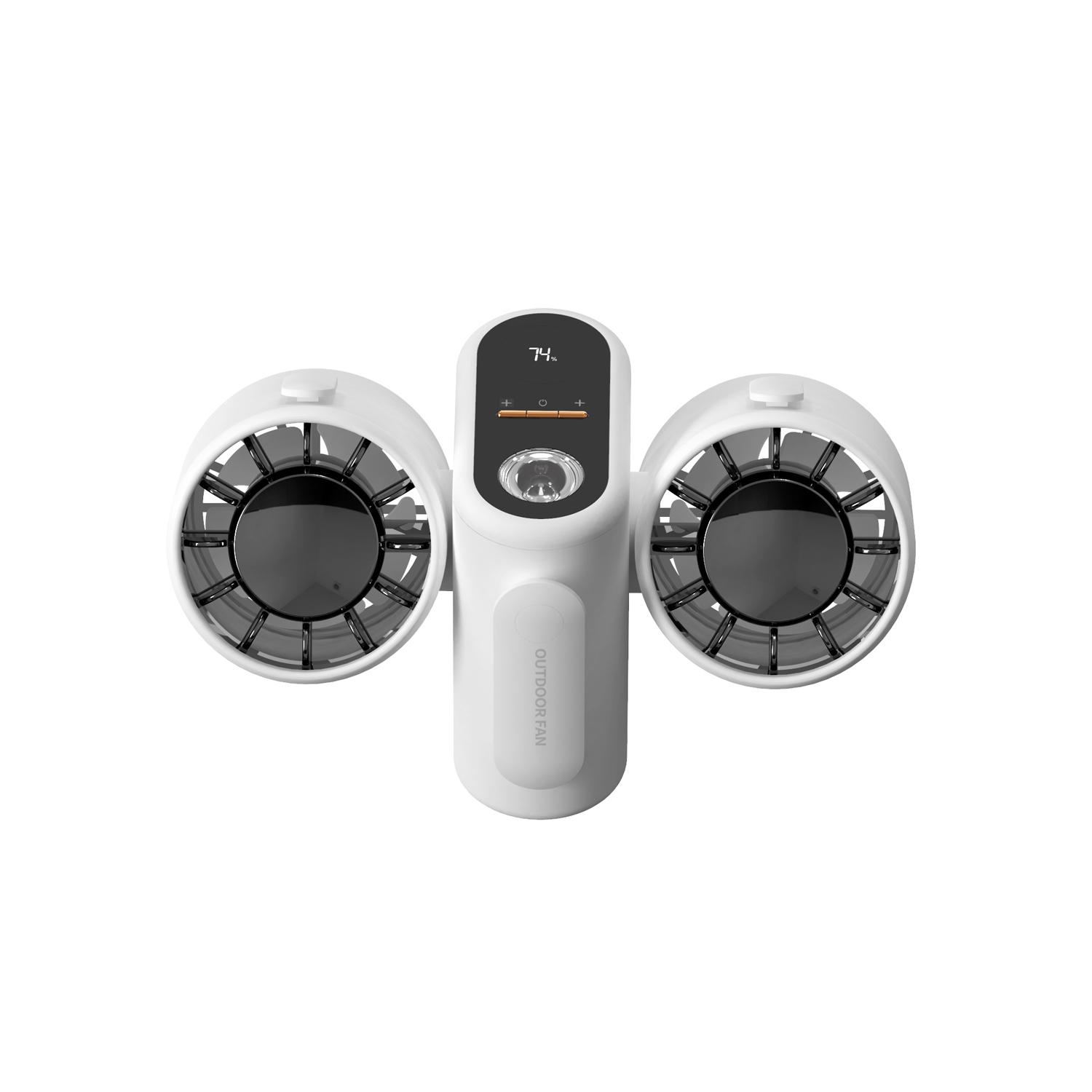 

Двухголосный поясной вентилятор с клипсой и регулировкой скорости до 100 | Перезаряжаемый через USB, функция Power Bank и освещения белый