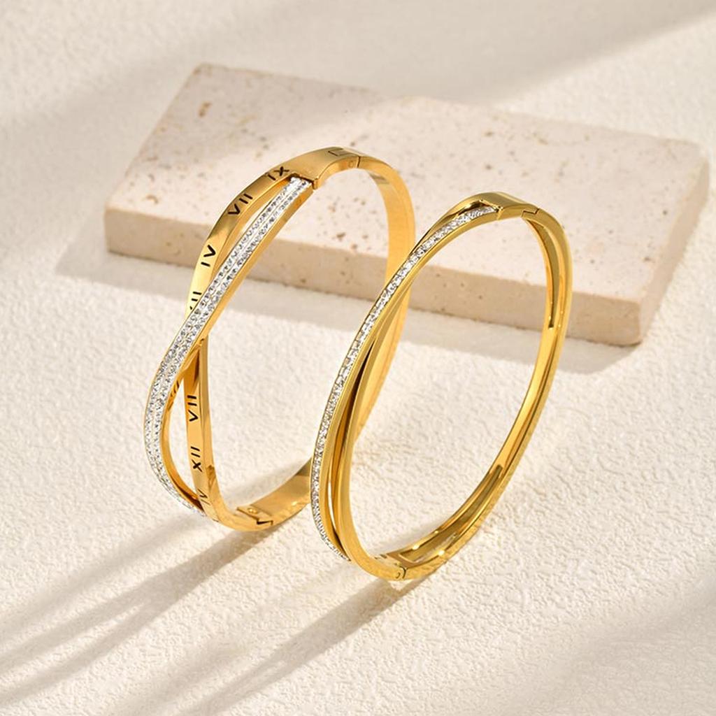 Shiny Zircon Crossed Stainless Steel Bangle Bracelet for Women, Gold Color Layered Stackable Female Waterproof Jewelry Gift