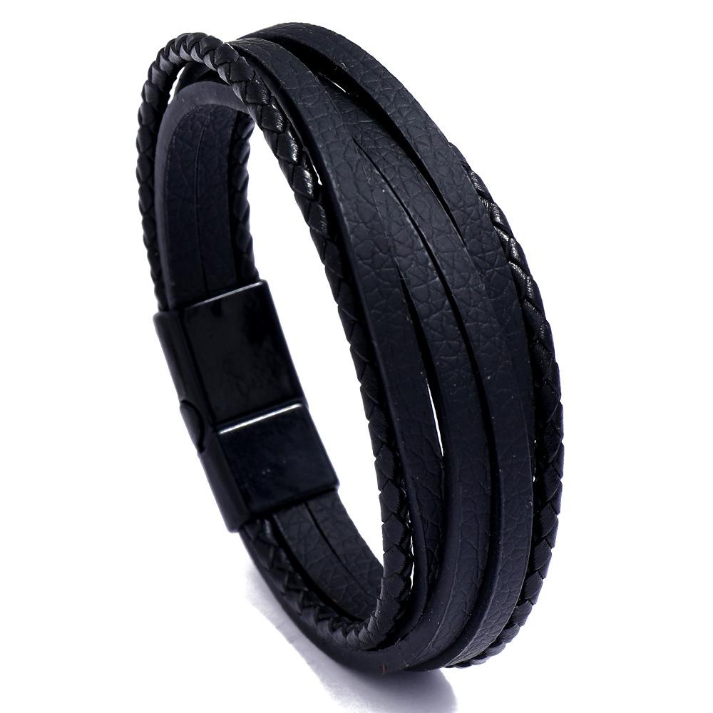 Cross-Border New Accessories Multi-Layer Simple Woven Men's Iron Bangles Magnet Buckle Imitation Leather Spot