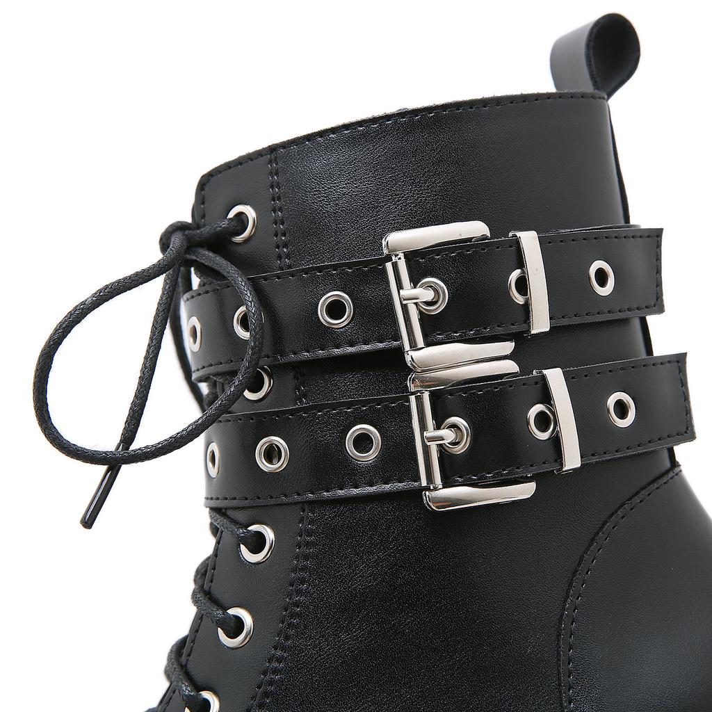Women Leather Motorcycle Boots Thick Heel Waterproof Platform Martin Boots Metal Belt Buckle High-Heeled Short Boots Women Shoes