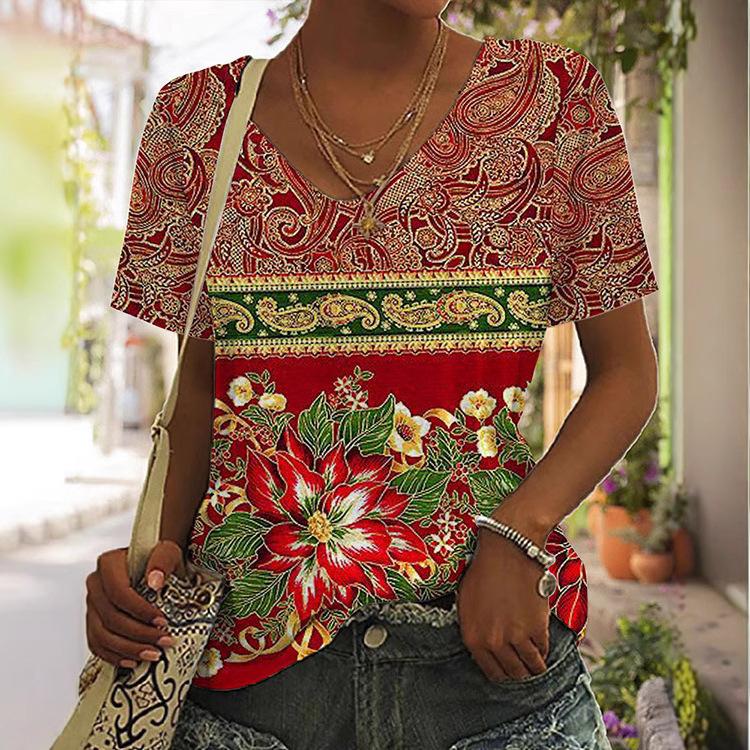 Bohemian Style Floral Pattern Printed T-shirts Summer V-neck 3D Printed Fashionable Casual Short Sleeved Women's T-shirts