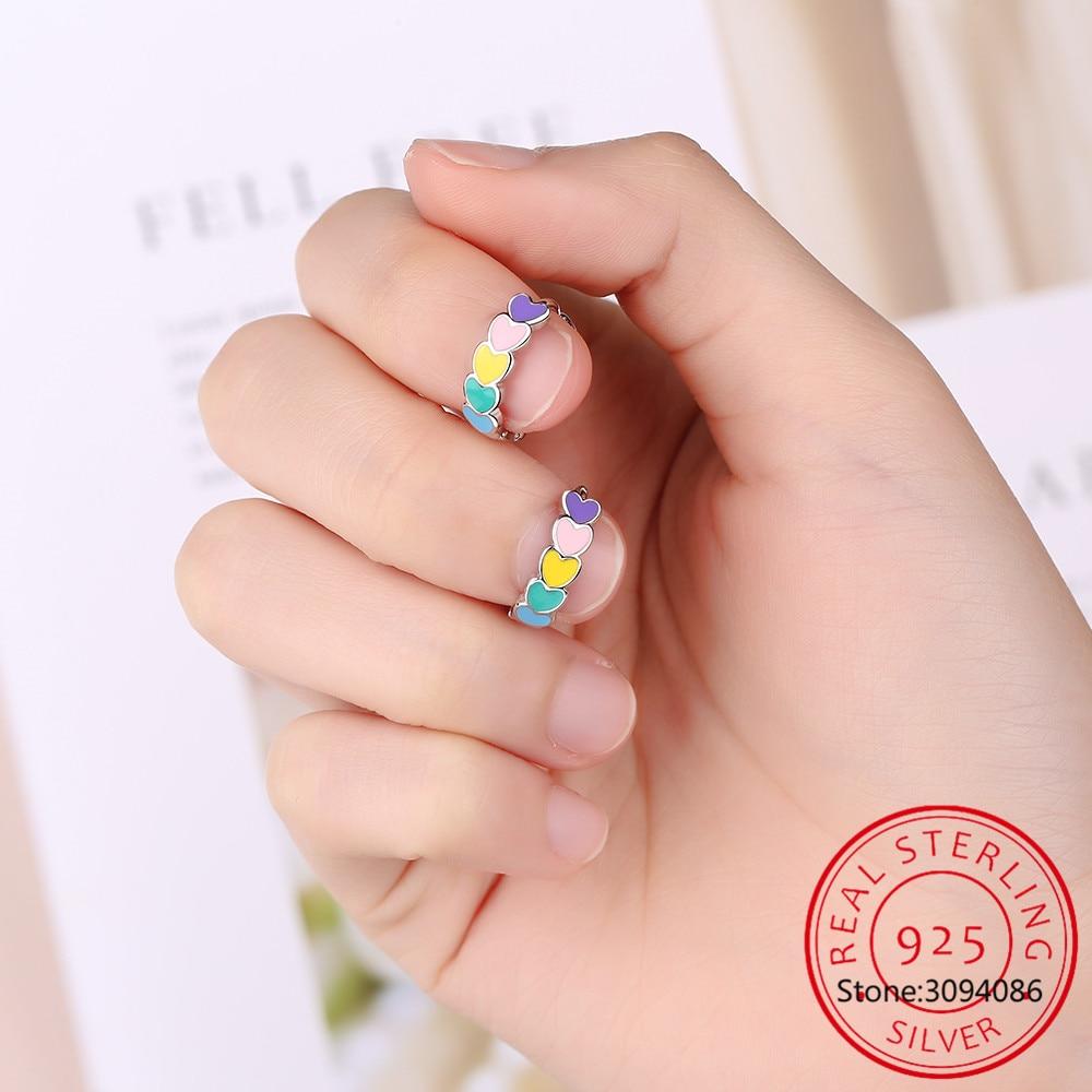 Genuine S925 Sterling Silver Rainbow Color Enamel Heart Hoop Earrings For Women  New Ear Hoops Female Fine Jewelry