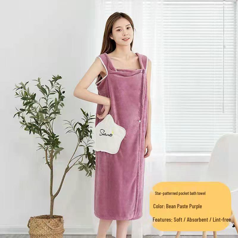 Women's Star Pattern Coral Fleece Bathrobe – Absorbent, Non-Shedding, Wearable or Wrap Towel.