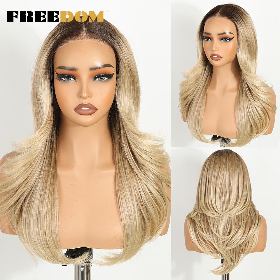 FREEDOM Synthetic Lace Front Wigs For Women 20" Ombre Blonde Wavy 6X4 Pre Plucked Wear And Go Glueless Pre-cut Layered Lace Wigs