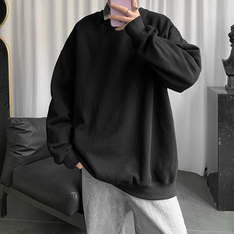 Men's Trendy Hong Kong Style Long-Sleeve Sweatshirt - Versatile, Loose-Fit Solid Color for Couples and Students, New Autumn Top