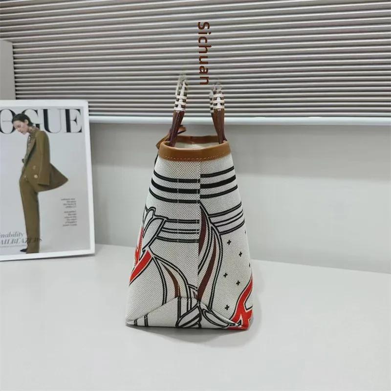 2024 High-End Women's Canvas & Leather Tote: Versatile, Large-Capacity, Handheld or Shoulder Bag