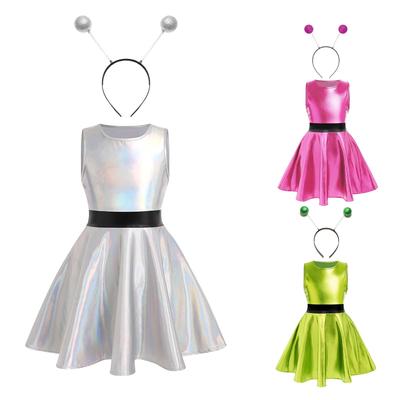 Mädchen Alien Party Kostüm Zweiteiliges Set Rundhals Ärmellos Metallic Kleid Unsichtbarer Reißverschluss Haarreif