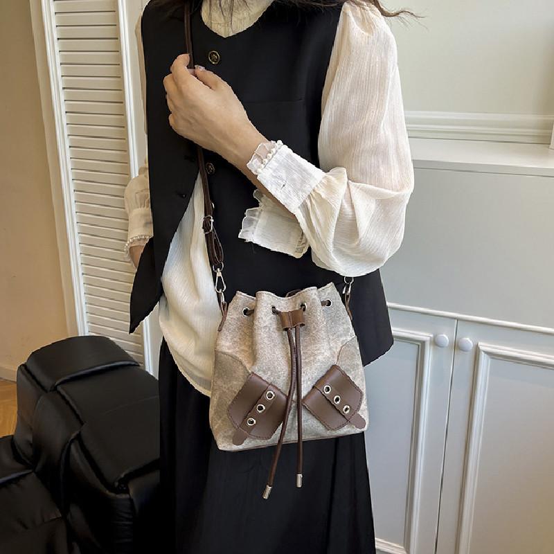 Fashion Splicing Design Drawstring Women Shoulder Bag For Casual Outings