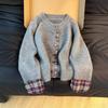 Contrasting Color Plaid Splicing Design Sense Long-sleeved Knitted Cardigan Spring and Autumn Round Neck Fake Two-piece Sweater Jacket Top Women