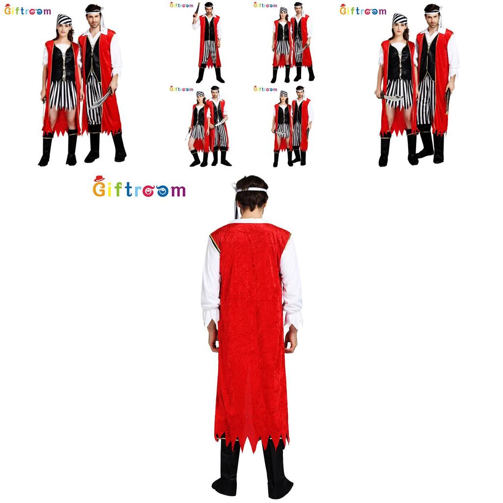 תחפושת פיראטים אלגנטית ומסוגננת לזוגות למסיבות ליל כל הקדושים עם גלימה אדומה