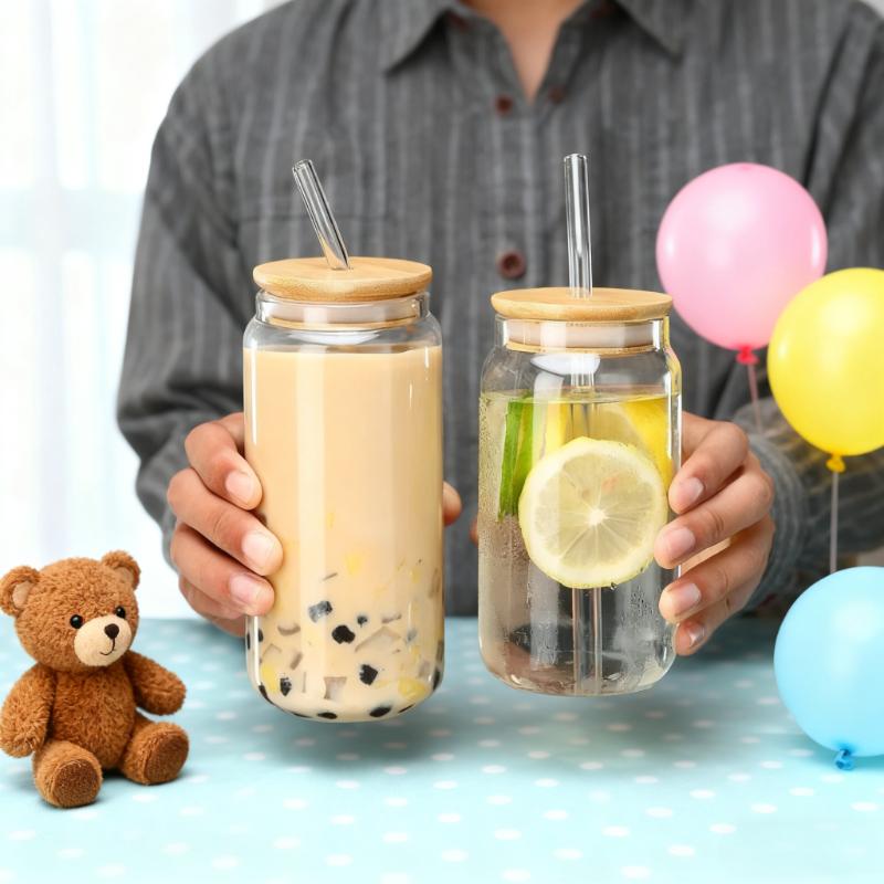 450ml/550ml Transparent Glass Cup with Wooden Lid and Straw Home High Borosilicate Glass Juice Cup Water Cup Drinking Utensils