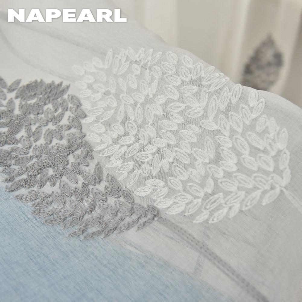 1PC NAPEARL 10%-20% Shading White Transparent Floral Embroidered Grey Leaves Tulle Sheer Voile Curtain for Living Room Bedroom