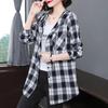 Koszula Damska Bawełniana z Kapturem w Kratę z Długim Rękawem Top Luźna Peplum Casualowa Kurtka Koszulowa z Długim Rękawem