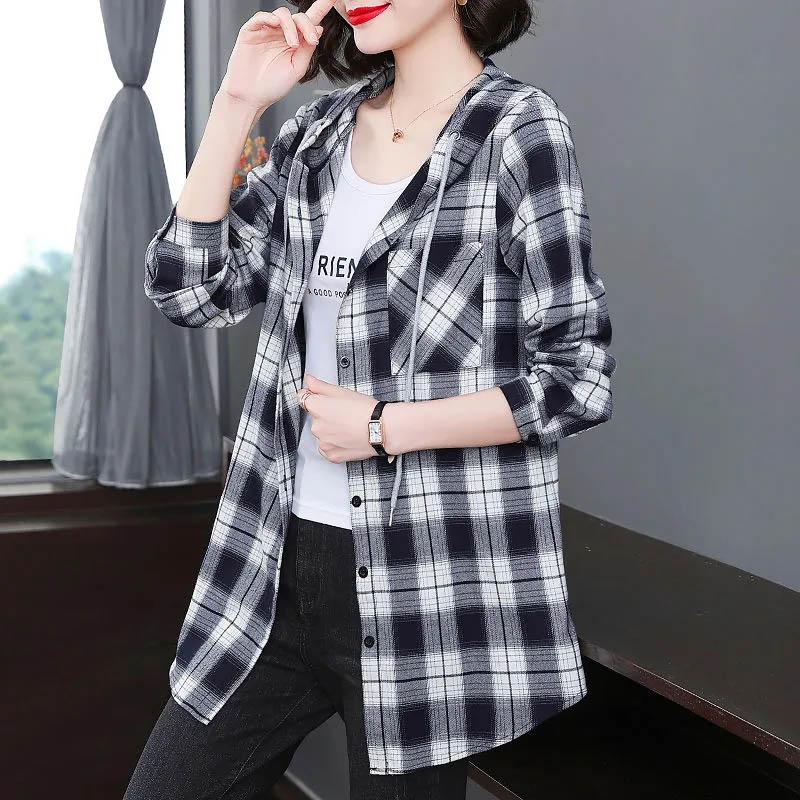Košile Dámská bavlněná kostkovaná košile s kapucí s dlouhým rukávem Top Volné Peplum Běžné Košile s dlouhým rukávem