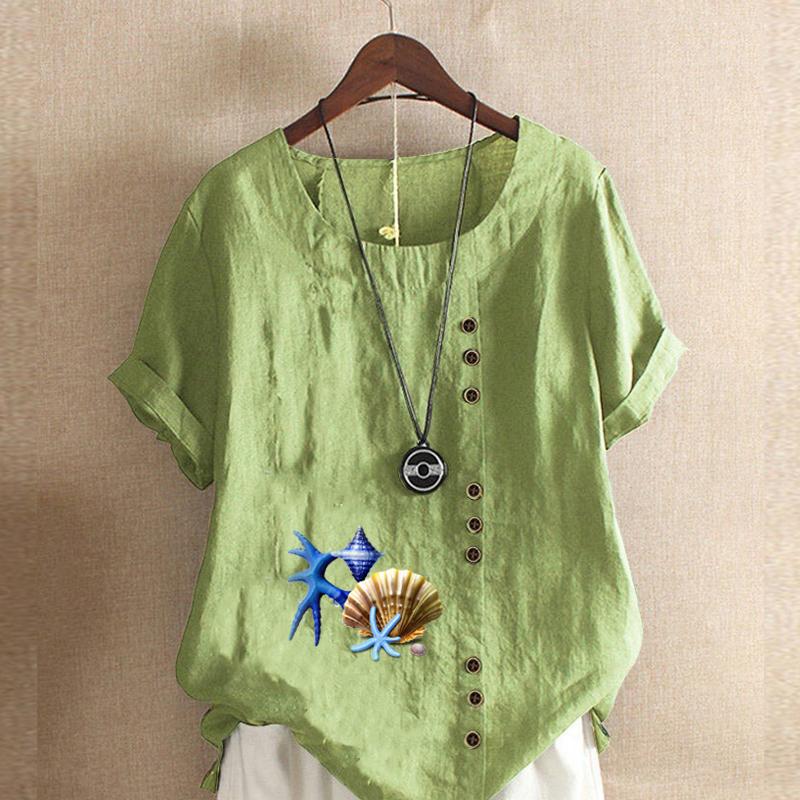 

Женская модная футболка с круглым вырезом и коротким рукавом, повседневная рубашка из хлопка и льна с рисунком, свободная летняя блузка с принтом в виде морской звезды, топы 5XL зелёный