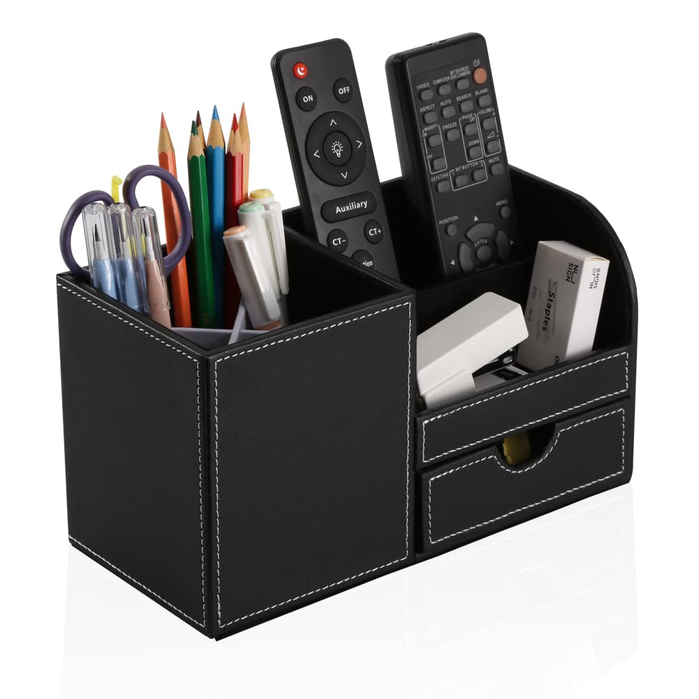 KINGFOM PU-Leder Schreibtisch-Schreibwaren-Organizer mit Aufbewahrung für Fernbedienung und kleine Schubladenbox, Stiftehalter, (Schwarz)