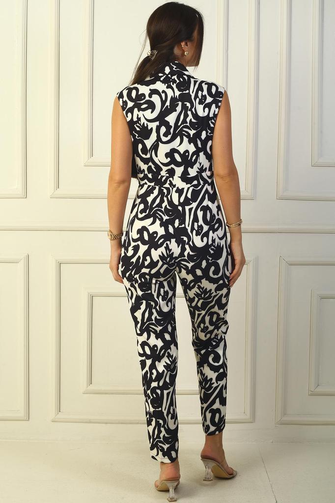 Double Breasted Ethnic Patterned Belt Detailed Crepe Satin Dabıl Jumpsuit