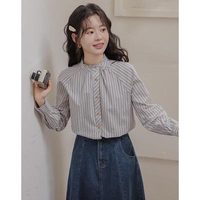 Women's Preppy Blue Striped Long Sleeve Shirt with French Ruffle Collar - Slimming and Versatile