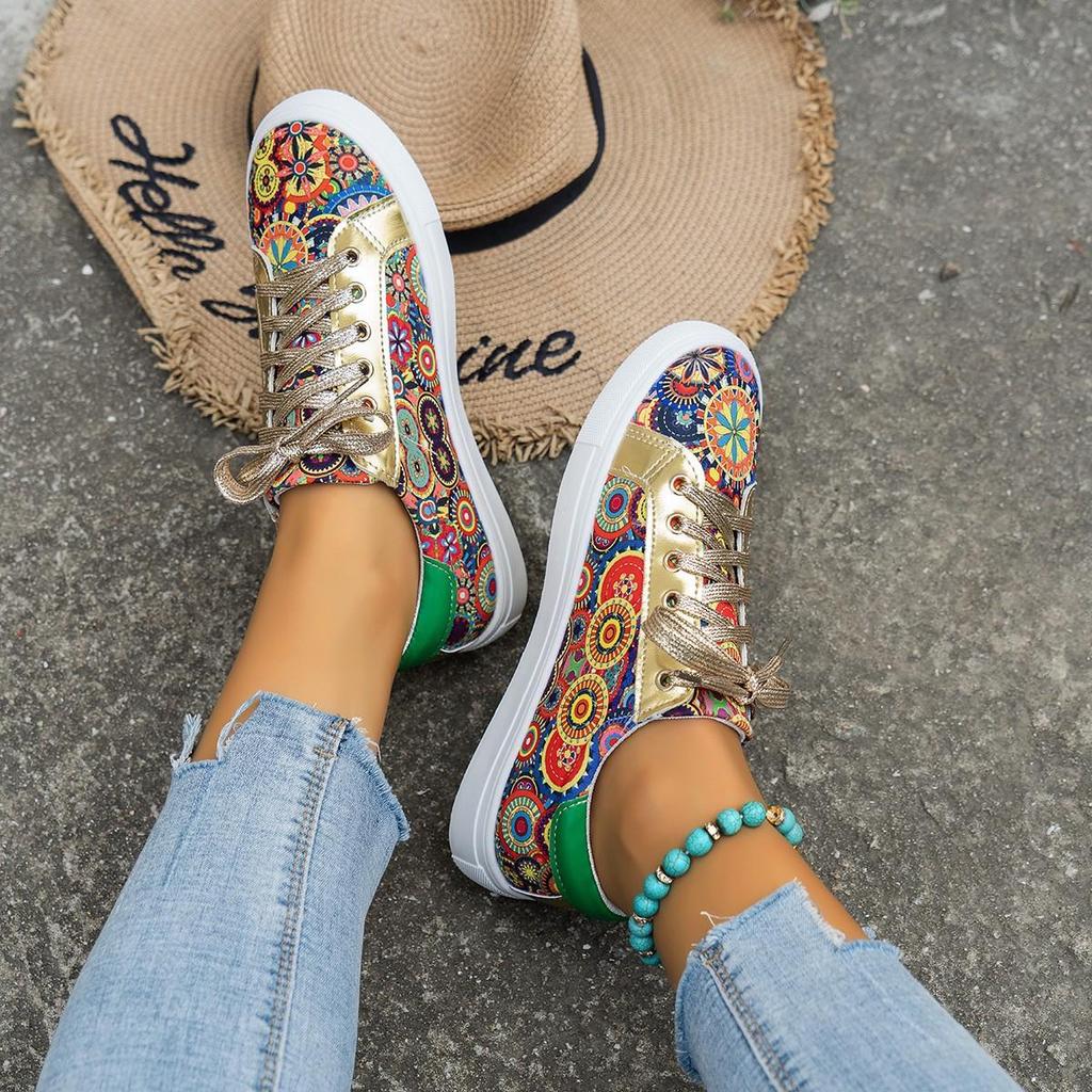 Spring 2025 New Arrival Plus Size Women's Flat Casual Shoes Floral Ethnic Style Lace-Up Front Lightweight Shoes