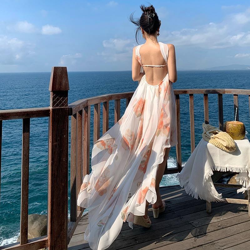 

Vacation Fairy Long Dress Dress Socialite High Sense New Neck Tube Top Backless Irregular Chiffon Dress L