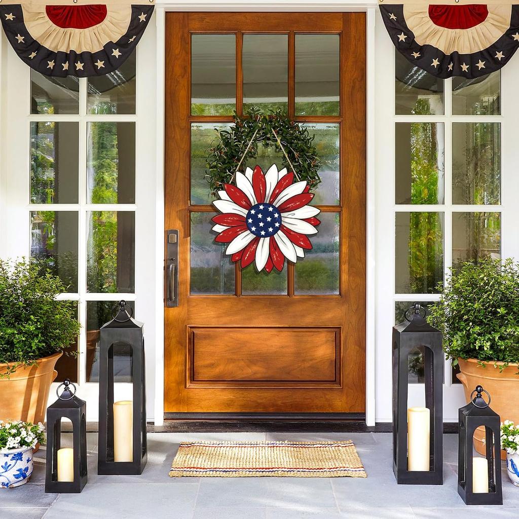 Wooden 4th of July Decoration Door Wreath for Front Door Sign Star Wall Signs, Independence Day Patriotic Day Wreath Welcome Memorial Day Hanging for