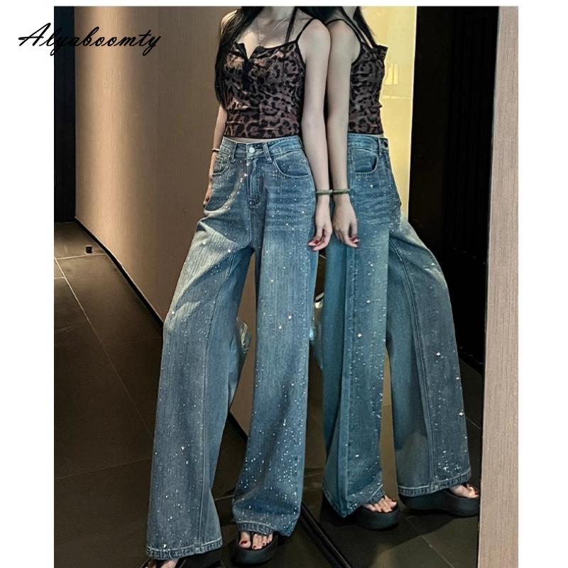 Korean Fashion Women Stylish Long Jeans High Waist Diamonds Washed Cotton Straight Jeans Feminine Modern Ladies' Denim Pants With Pockets