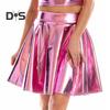 Women Skater Skirt High-Waisted Shiny Metallic Patent Faux Leather Texture Party Skirt Slimming Versatile Mini Skirt