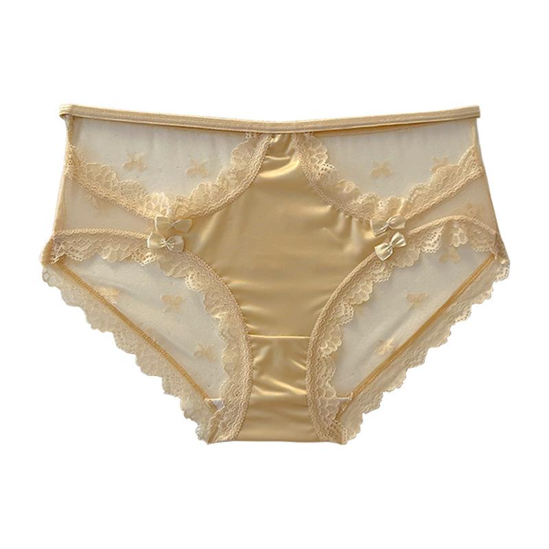 Ladies New Summer Sexy Lace Hollowed Out Bow Package Hip Mid Waist Triangle Briefs