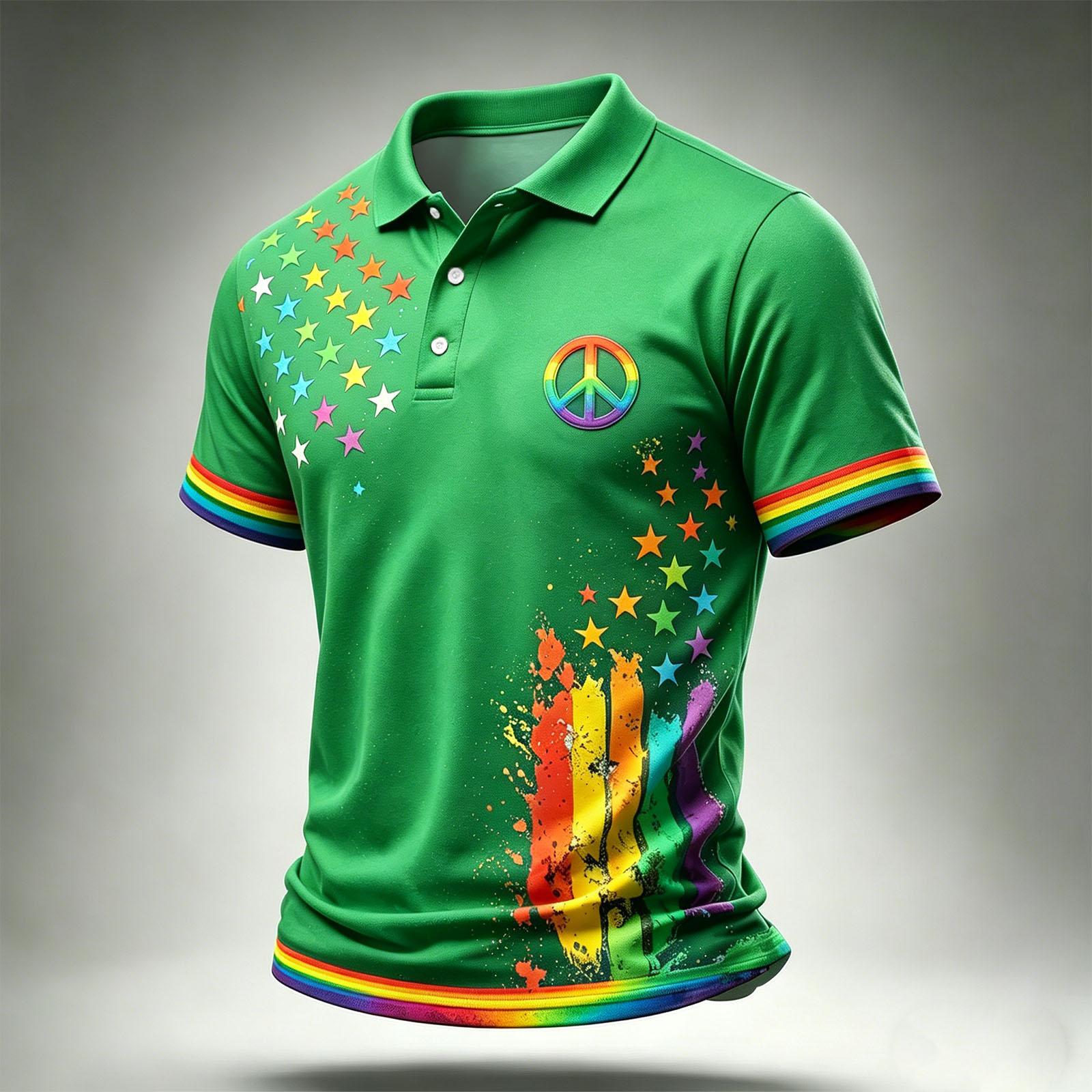 

Short Sleeve Polo Shirt with Star Print Peace Symbol and Abstract Stripe Design for Men Casual Style M зелёный