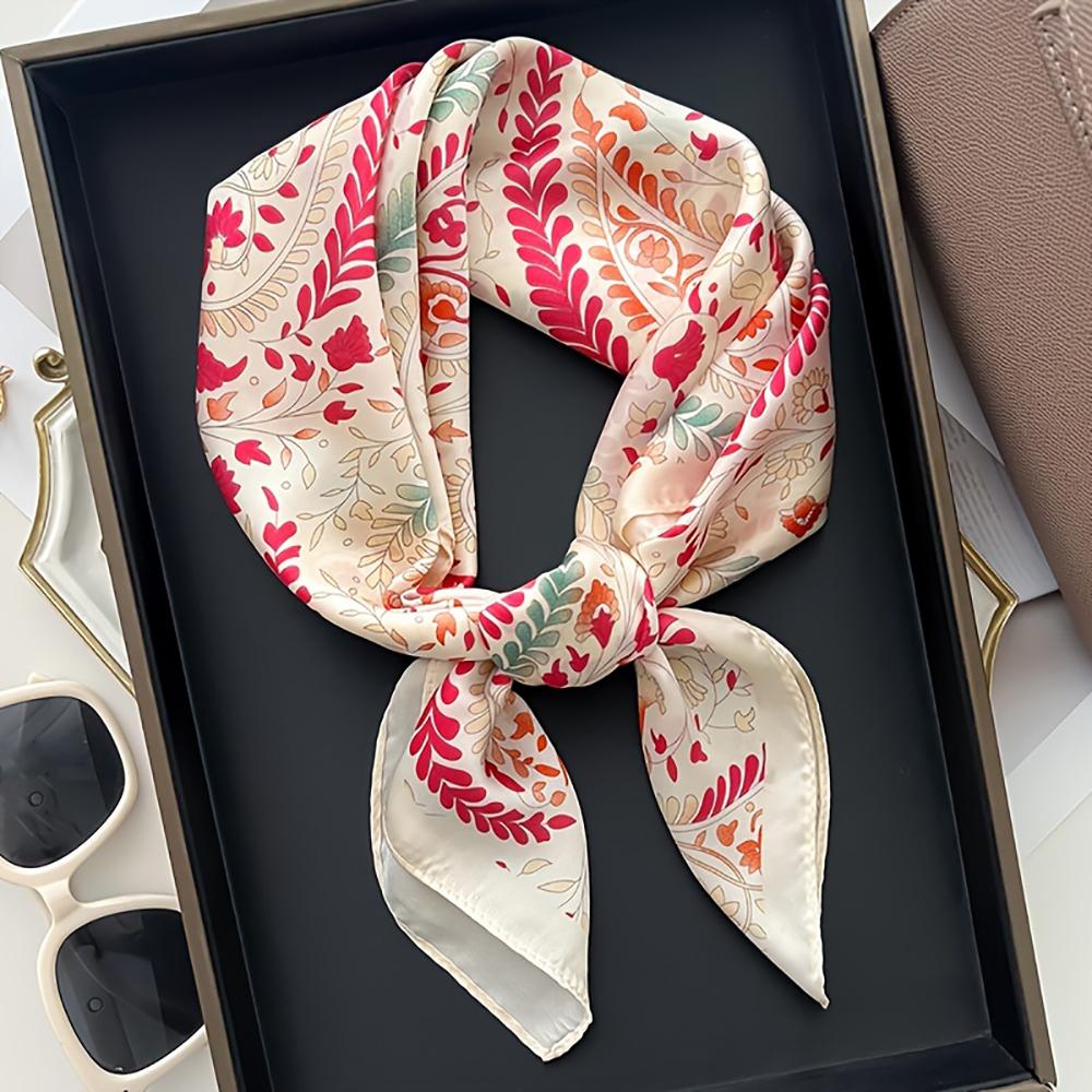 27.56inch Cashew Floral Print Silk Scarf For Women Spring/Summer French Style Square Scarf Thin Neck Scarf Hair Tie Bandana