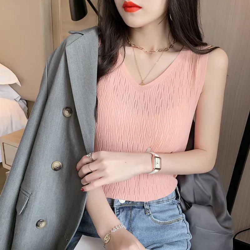 WTEMPO Femei cu decolteu în V, maiuri tricotate largi, primăvară, vară, culoare solidă, cu camisole elastice, veste scurte, de dimensiuni mari, tricotate, de bază.