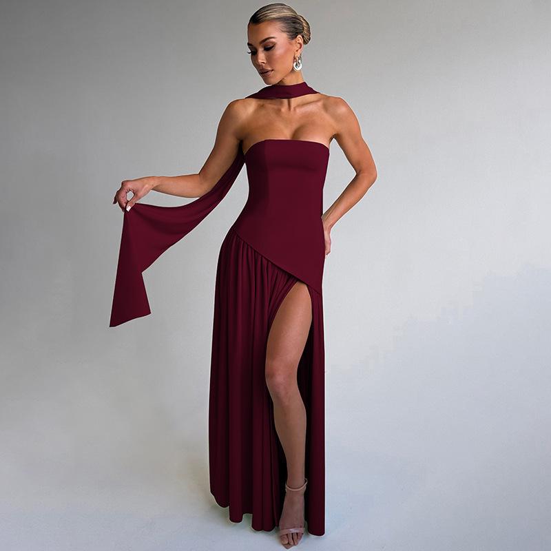 European & American Elegant Off-Shoulder Slim Fit Slit Dress with Ribbon Back