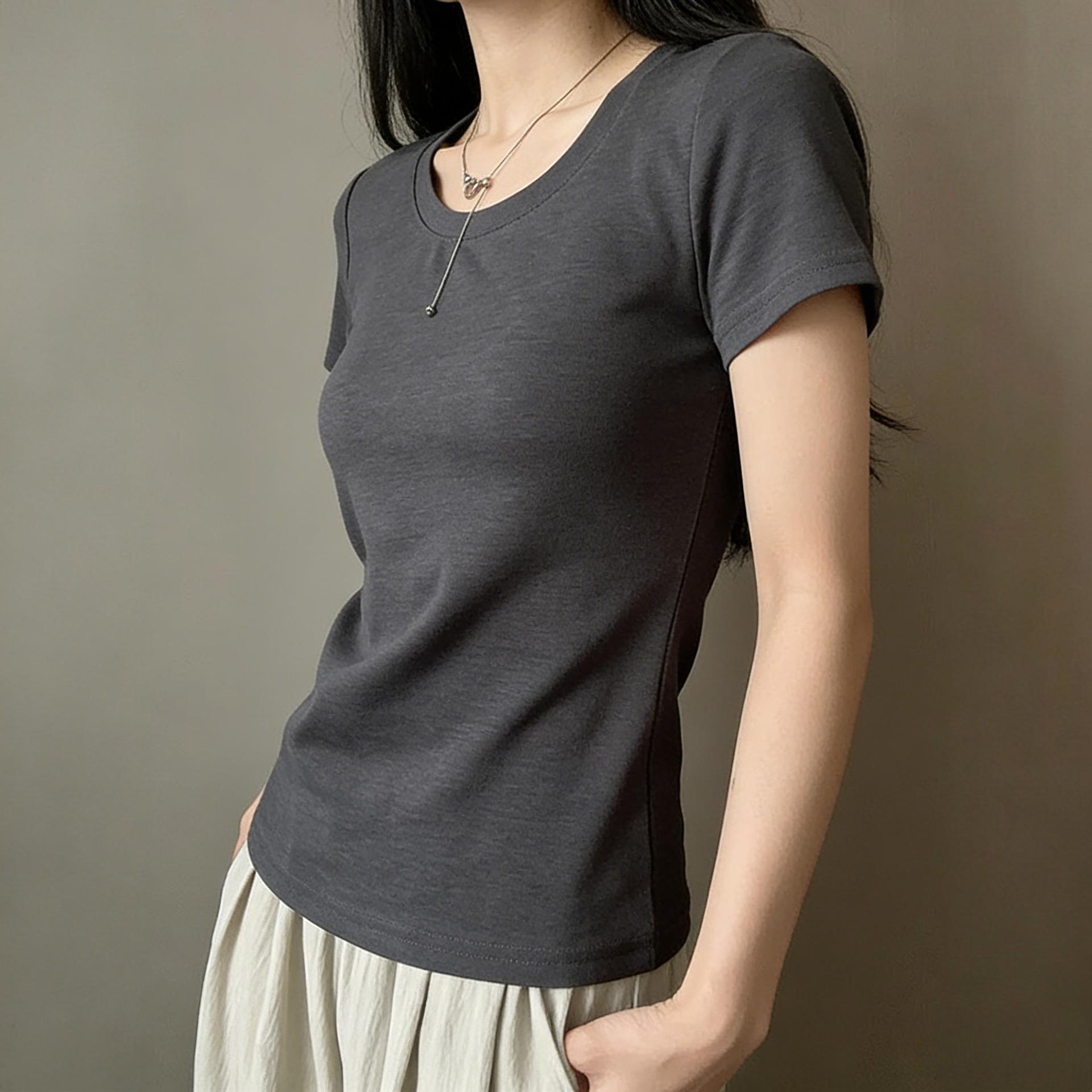 

Women s Gray Raglan Short Sleeve Korean Style Cotton T-Shirt, Summer Inner Wear, Stretchy Fitted Base Layer. Medium