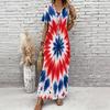 Women Plus Size V Neck Short Sleeve Tie Dye Print Long Straight Dress Red Blue White