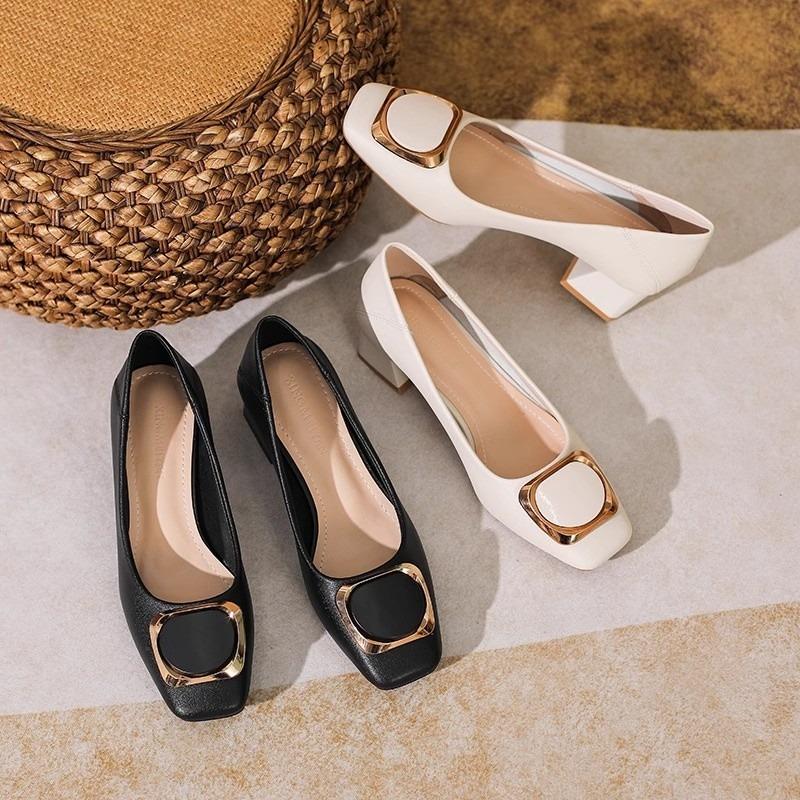 Spring and Summer New Thick Heel Square Head Shallow Mouth Medium Heel Single Shoes Women's Black Work Shoes