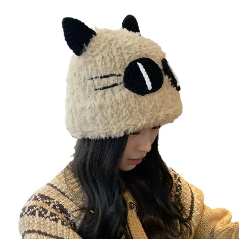 Autumn and winter cute cat big eyes plush knitted hat couple thickened warm big head circumference versatile basin hat