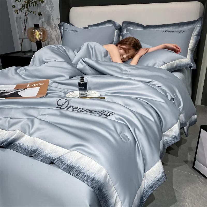 Digital Edge Wash Silk Embroidery Sky Silk Ice Silk Summer Quilt,Smooth Air Condition Comforter Lightweight Summer Quilt