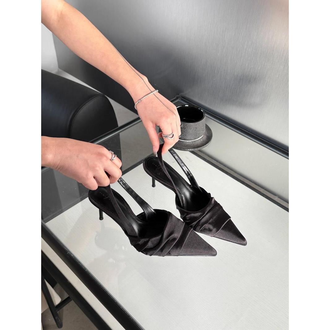 

Женские босоножки на высоком каблуке. Летние новые модные женские босоножки на каблуке из черной кожи для вечеринок с острым носком и полым носком сзади. 38 чёрный